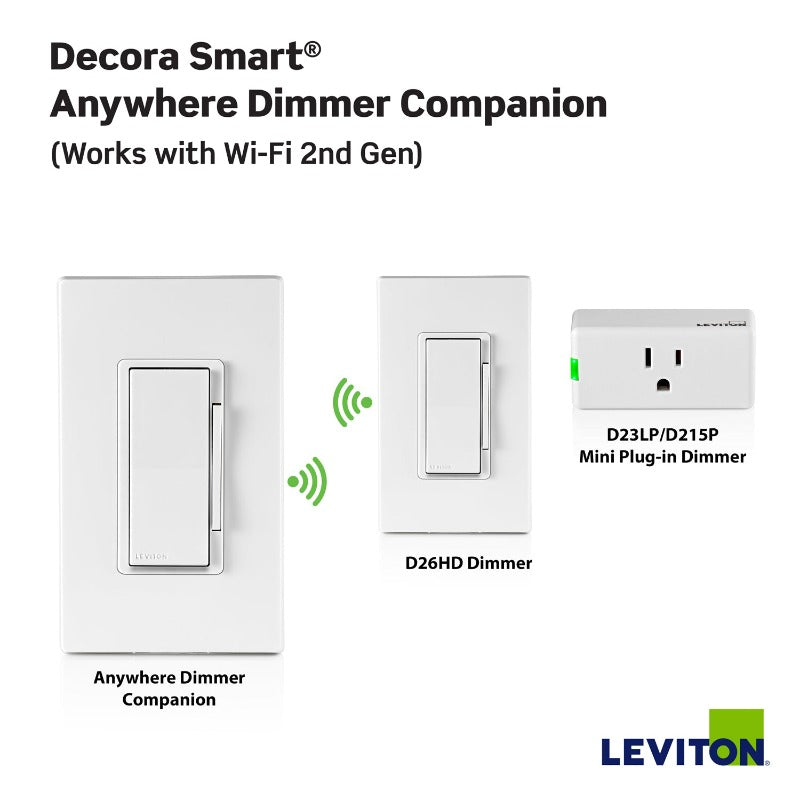 Decora Smart Anywhere LED/CFL/Inc Wire-Free 3-Way Dimmer Companion, On/Off/Dimming for Decora Smart Wi-Fi 2nd Gen, White