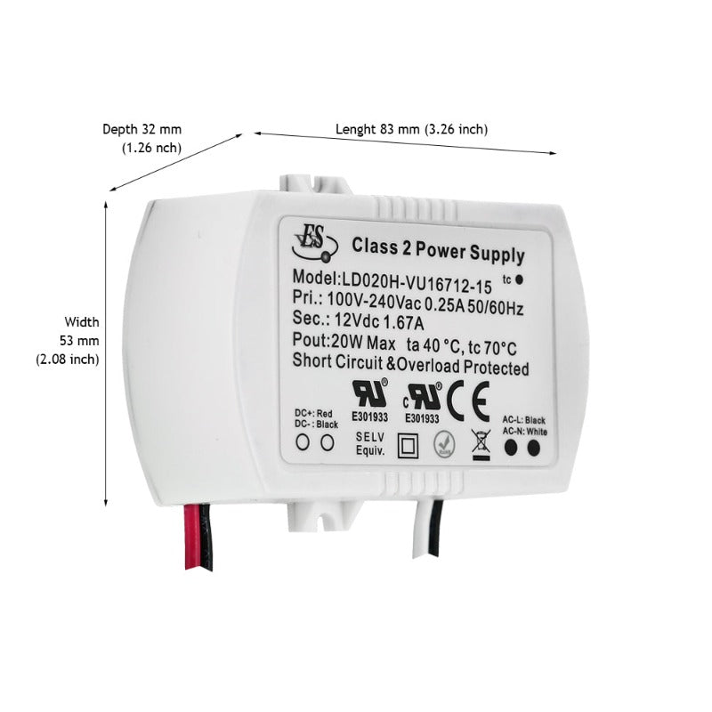 ES Constant Voltage LED Driver 12V 20W 1670mA LD020H-VU16712-15