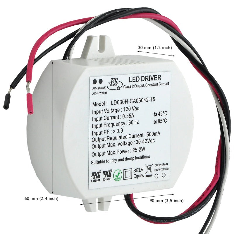 ES LD030H-CA06042-15 Constant Current LED Driver, 600mA 30-42V 25.2W max, united states of America and Canada