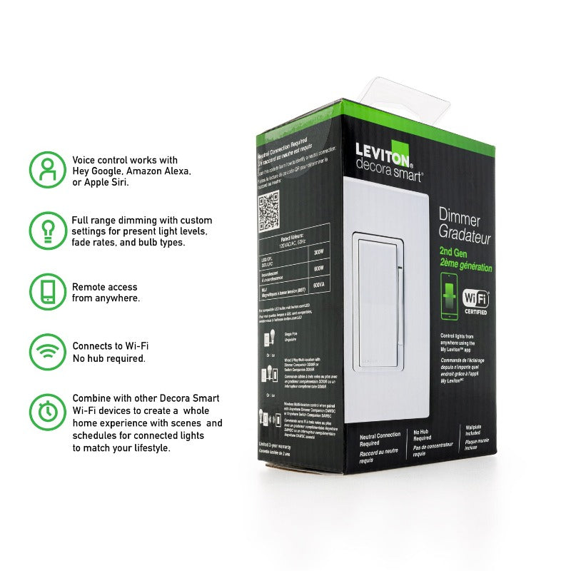 Leviton Decora Smart Wi-Fi Dimmer (2nd Gen) 120V 600W D26HD Package