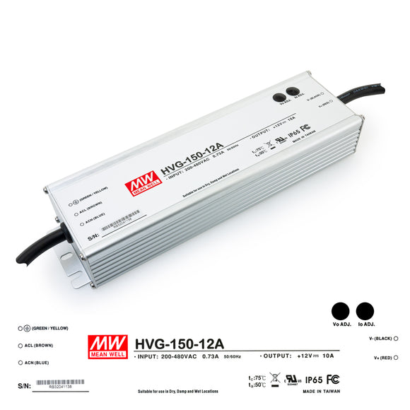 Mean Well Constant Current- Constant Voltage LED Driver with Universal Input Voltage <br> HVG-150-12A