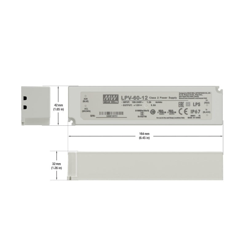 Mean Well LPV-60-12 Non-Dimmable LED Driver, 12V 5A 60W - GekPower