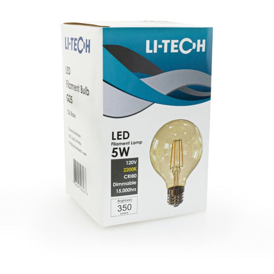 Li-Tech G25 LED Filament Bulb, 120V 5W 2200K(Amber White) - GekPower