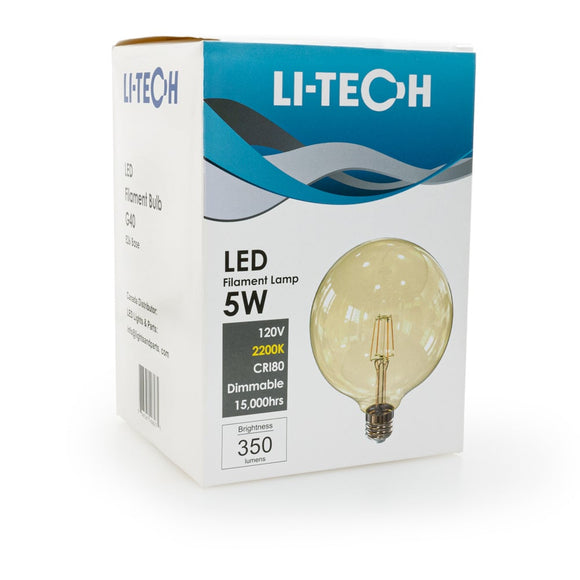 Li-Tech G40 LED Filament Bulb, 120V 5W 2200K(Amber White) - GekPower