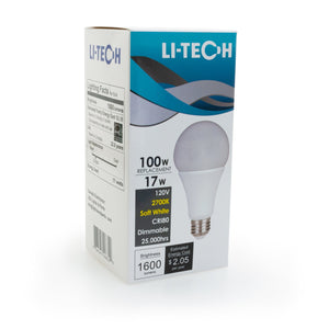 Li-Tech A21 LED Bulb, 120V 17W Equivalent 100W 2700K(Soft White) - GekPower