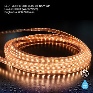50M(164ft) Waterproof LED Strip 2835, High Voltage LED Strip Light with Power Plug, 120V 2(w/ft) 200(Lm/ft) CCT(3K, 6K) - GekPower