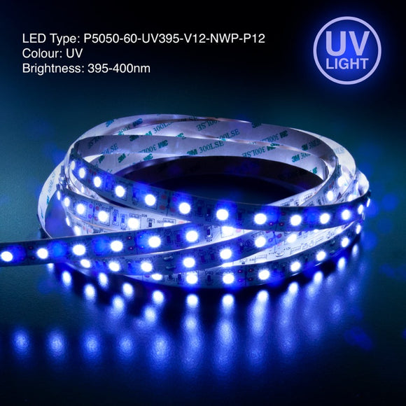 5M(16.4ft) UV Indoor LED Strip Light 60 LED/m, 12V 4.5(w/ft) 395–400nm Ultra Violet(UV), gekpower