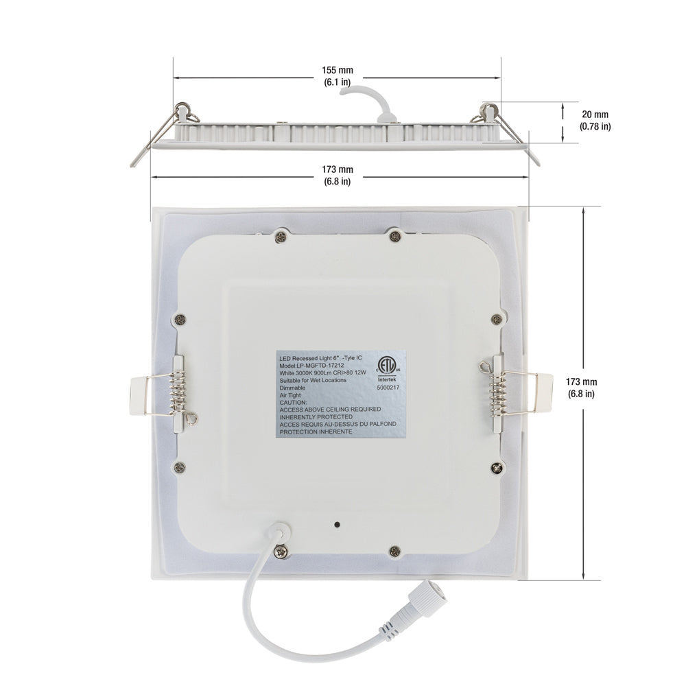 6 inch Square LED Panel Light 120V 12W Dimmable 3000K(Warm White), gekpower