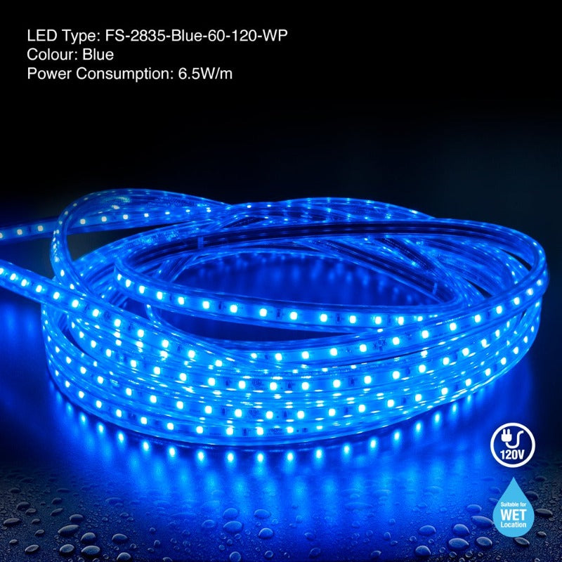 50M(164ft) Waterproof LED Strip 2835, High Voltage LED Strip Light with Power Plug, 120V 2(w/ft) Blue - GekPower