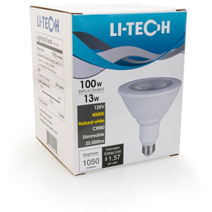 Li-Tech PAR38 LED Bulb, 120V 13W Equivalent 100W 4000K(Natural White) - GekPower