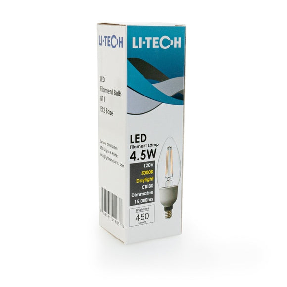 Li-Tech B11 LED Filament Bulb E12 Base, 120V 4.5W 5000K(Daylight) - GekPower