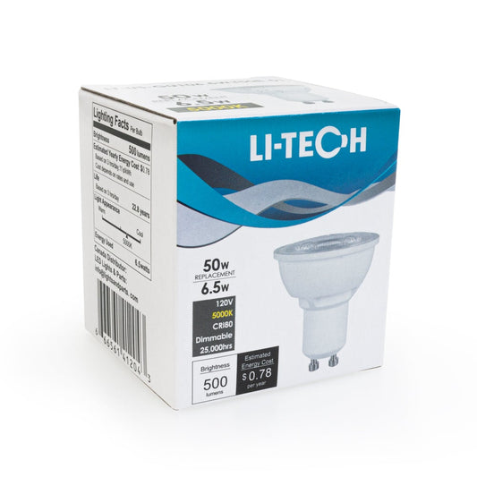 Li-Tech GU10 LED Bulb, 120V 6.5W Equivalent 50W 5000K(Daylight) - GekPower