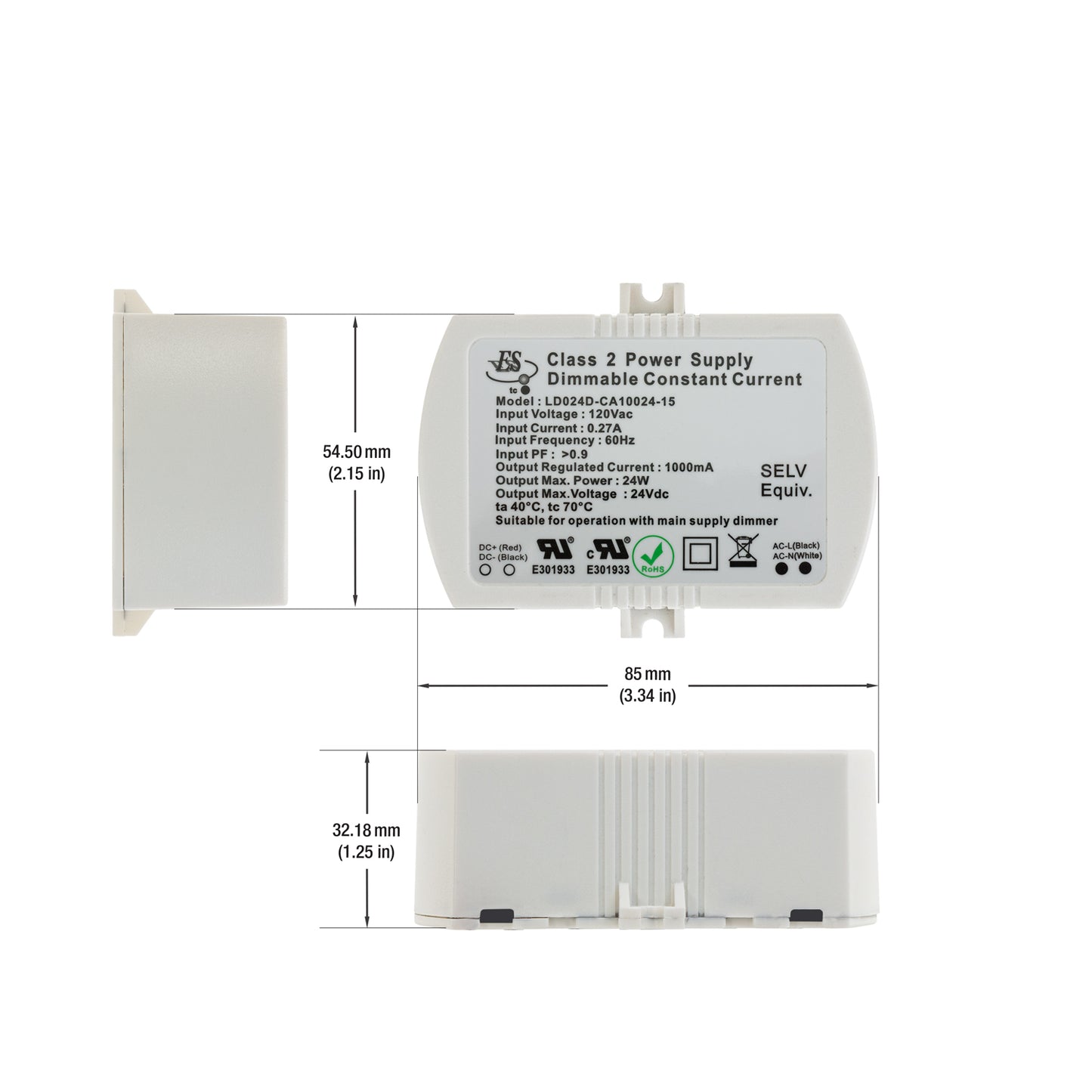 ES LD024D-CA10024-15 Constant Current LED Driver, 1000mA 24V 24W, gekpower