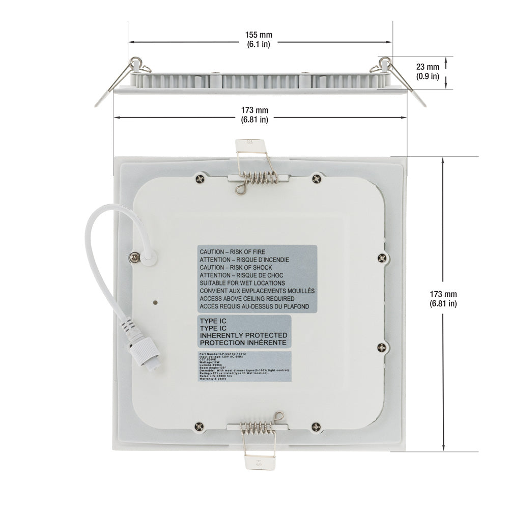 LP-ULFTD-17512 6 inch Square LED Panel Light 120V 12W Dimmable 5000K(Daylight), gekpower