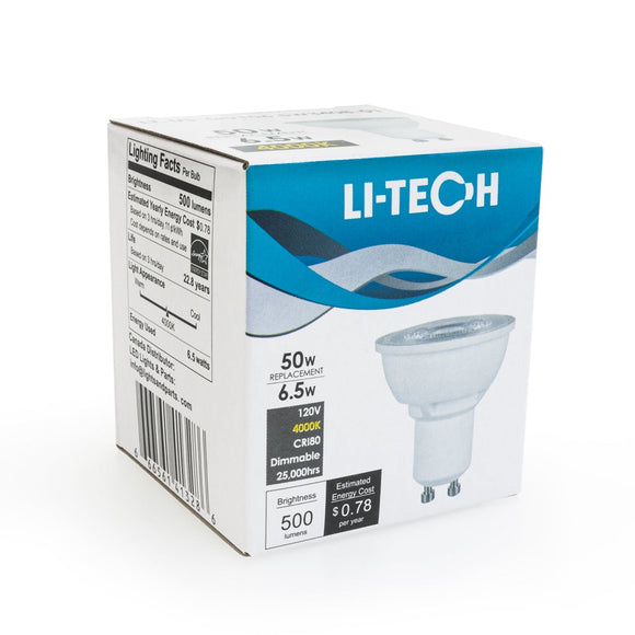 Li-Tech GU10 LED Bulb, 120V 6.5W Equivalent 50W 4000K(Natural White) - GekPower
