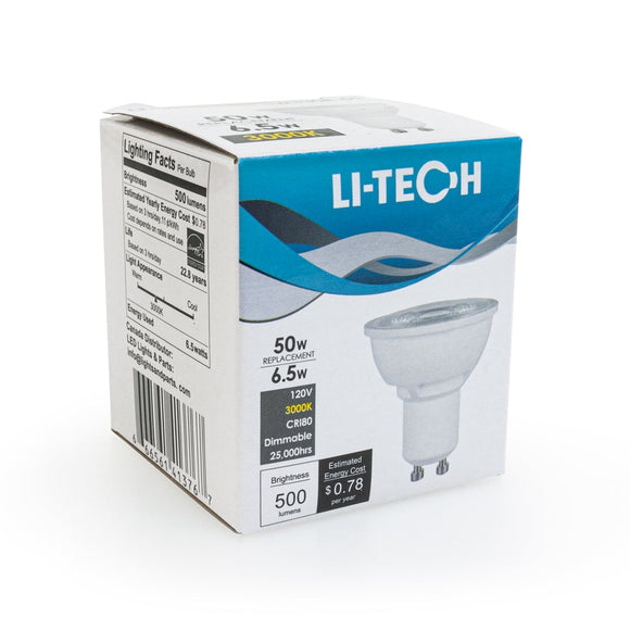 Li-Tech GU10 LED Bulb, 120V 6.5W Equivalent 50W 3000K(Warm White) - GekPower