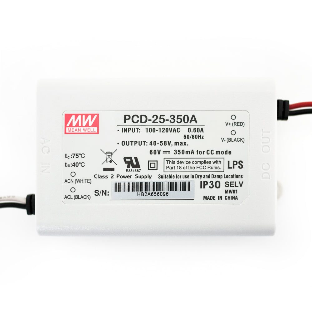 Mean Well PCD-25-350A Constant Current LED Driver, 350mA 40-58V 20W, gekpower