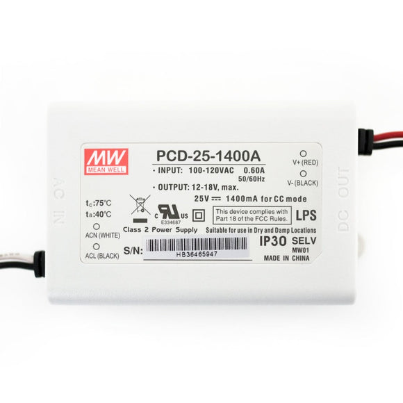 Constant Current LED Driver 1400mA 12-18V 25W  PCD-25-1400A
