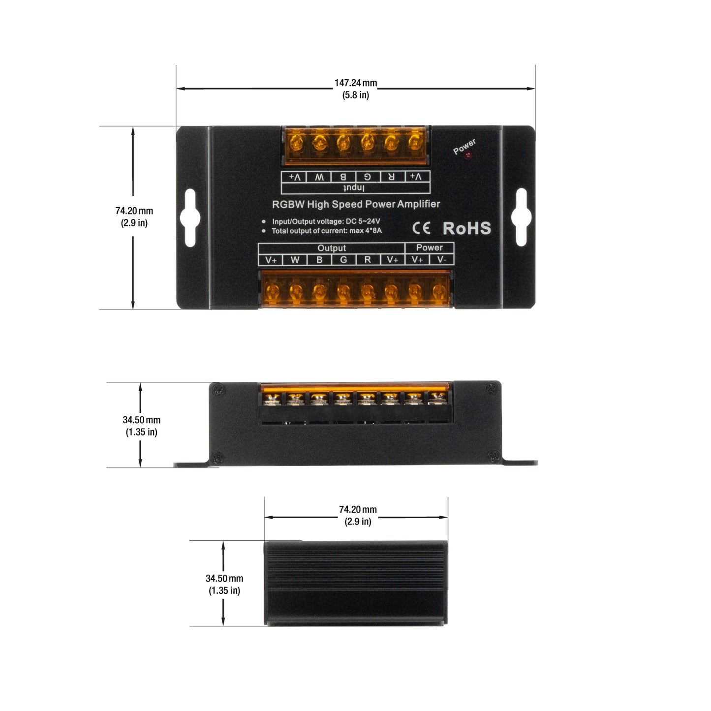 RGBW High Speed Power Amplifier 5-24V 4 Channels for RGBW lights Dimensions