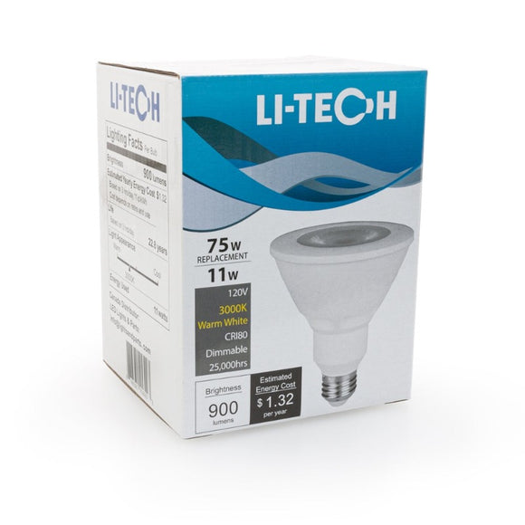 Li-Tech PAR30 LED Bulb, 120V 11W Equivalent 75W 3000K(Warm White) - GekPower