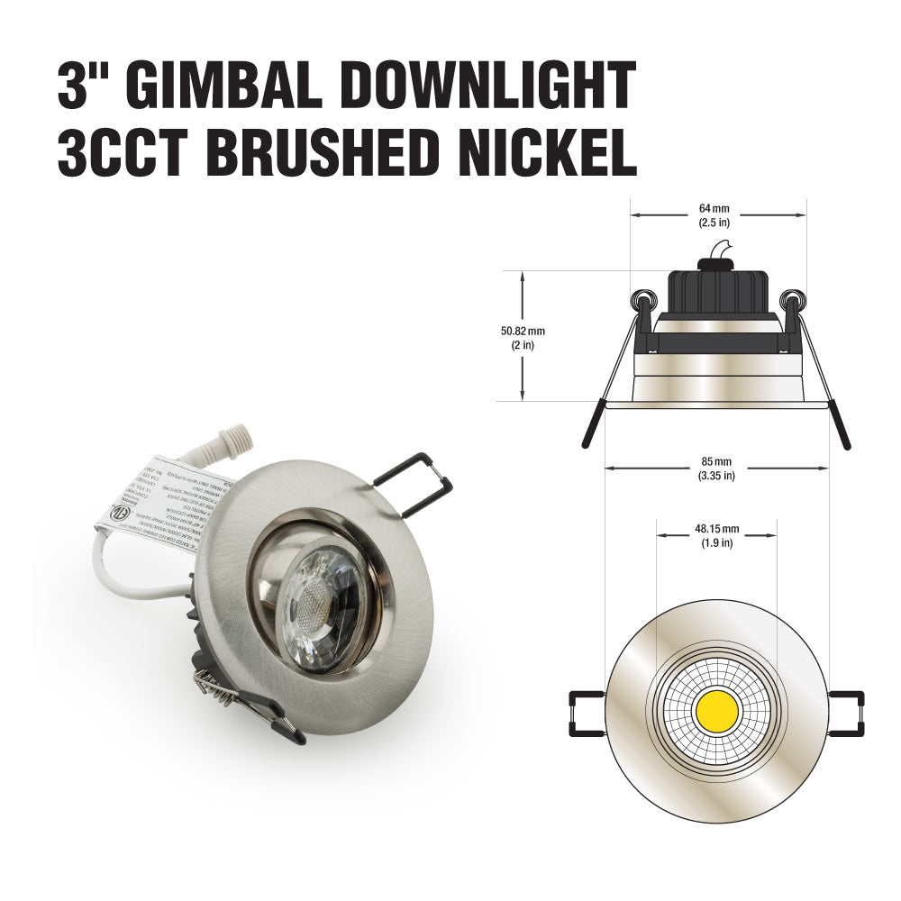 3 inch Round Recessed Light Gimbal with Selectable Color Temperature (3CCT), 120V 8W Brushed Nickel - GekPower