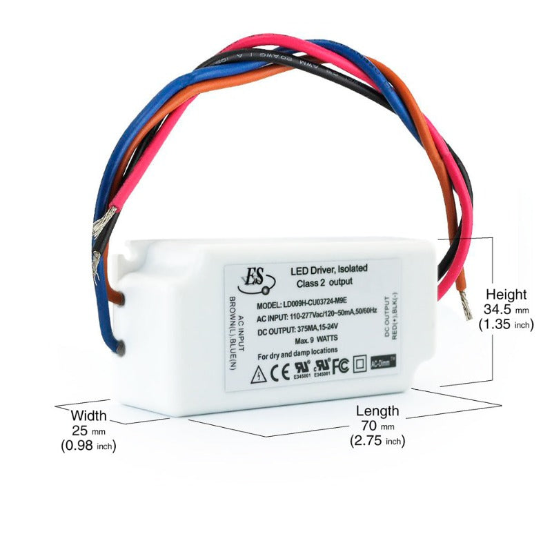 ES LD009H-CU03724-M9E Constant Current LED Driver, 375mA 15-24V 9W. gekpower