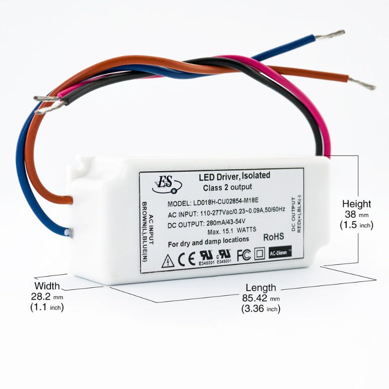 ES LD018H-CU02854-M18E Constant Current LED Driver, 280mA 43-54V 15W max, gekpower