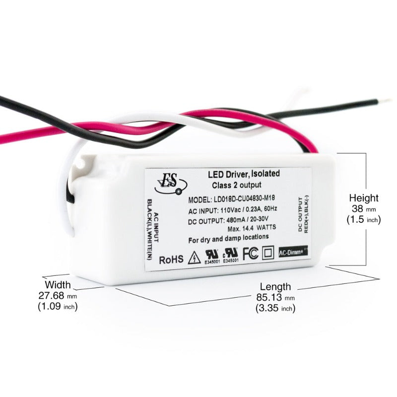 ES LD018D-CU04830-M18 Constant Current LED Driver, 480mA 24-30V 14.4W max, gekpower