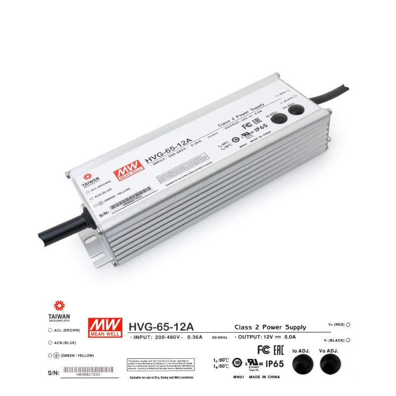 HVG-65-12A Mean Well CC+CV Metal Case Power Supply 200-480VAC to 12VDC 5A 65W - GekPower