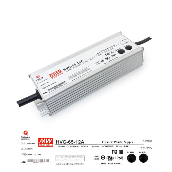 HVG-65-12A Mean Well CC+CV Metal Case Power Supply 200-480VAC to 12VDC 5A 65W - GekPower