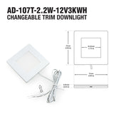 Square Cabinet Puck Light Surface Mount 12V 2.2W White Dimensions AD-107T-2.2W-12V