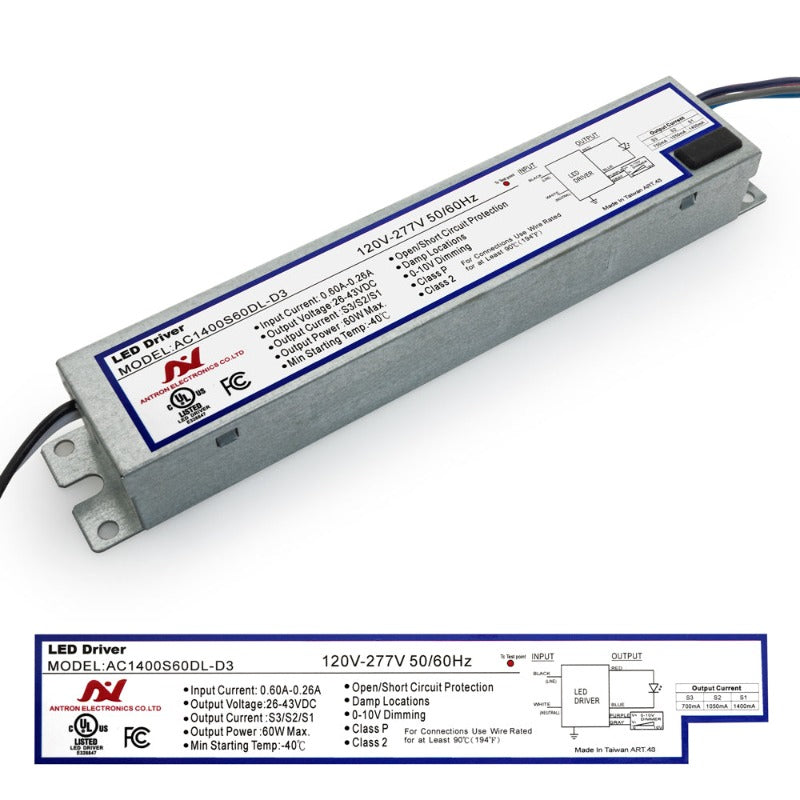 Antron Adjustable Output Current 1400-1050-700mA with Universal Input Voltage LED Driver 26-43V 60W max AC1400S60DL-D3