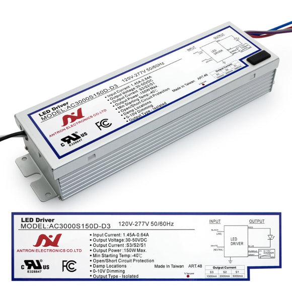 Antron Adjustable Output Current 3000-2000-1000mA with Universal Input Voltage LED Driver 50V 150W max  AC3000S150D-D3