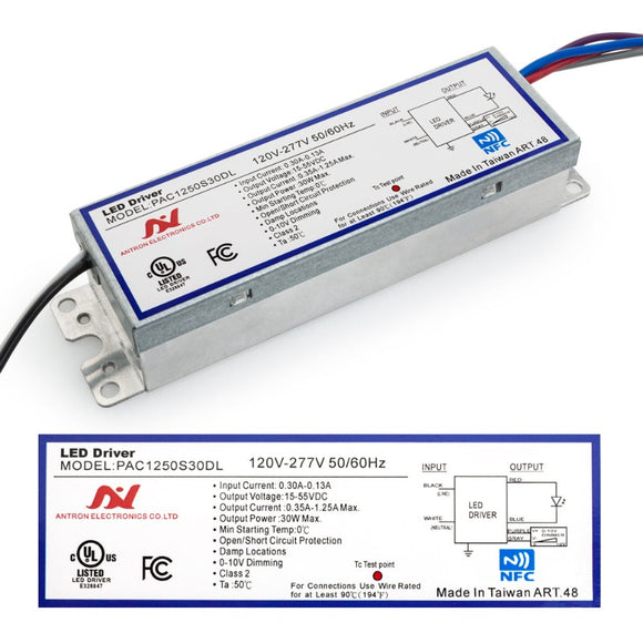 Antron Constant Current Programmable LED Driver with Custom Output Current 350-1250mA 15-55V 30W max PAC1250S30DL