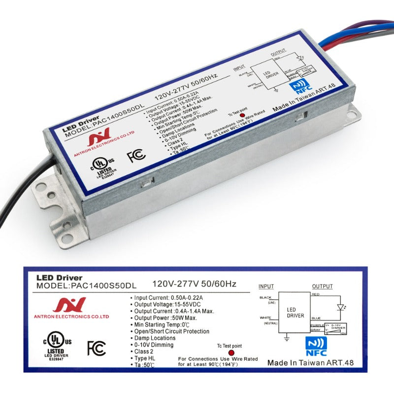 Antron Constant Current Programmable LED Driver with Custom Output Current 400-1400mA 15-55V 50W max PAC1400S50DL