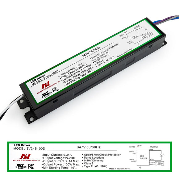 ANTRON 3V24S100D Constant Voltage LED Driver 0-10V Dimmable 347V Universal Input Voltage 4A 24V 100W, gekpower