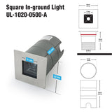 UL-1020-0500-A 2.5 Inch Square Inground Up light, 24V 5W 10° lens - GekPower