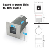 2.5inch Square In-ground light, inground LED light, Landscape Lighting, Well Light,  can  be used in the concrete walls and suitable for both indoor and outdoor use. Model UL-1020-0500-A Operating Voltage 24V DC Light Source 1 x 5W Total Power Consumption 5W Color Temperature 3000K (Warm White) 