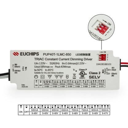 Constant Current 120V Dimmable Driver with Selectable Current 500-850mA  9-48V 40W PUP40T-1LMC-850