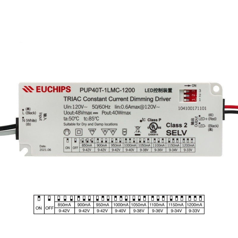 Constant Current Driver PUP40T-1LMC-1200 Selectable, 120VAC 850 to 1200mA - GekPower