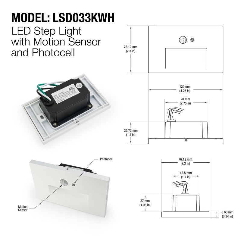 LSD033KWH LED Step Light/ Pathway Light with PIR Motion Sensor and Dusk to Dawn Photocell Horizontal, 120V 3W, gekpower