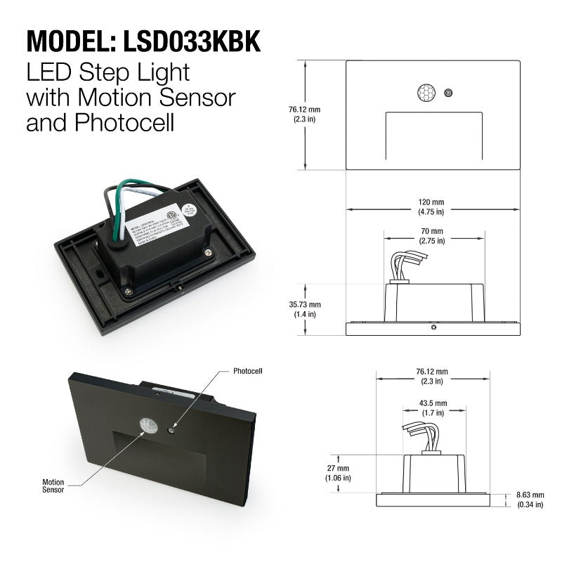 LSD033KBK LED Step Light/ Pathway Light with PIR Motion Sensor and Dusk to Dawn Photocell Horizontal, 120V 3W, gekpower