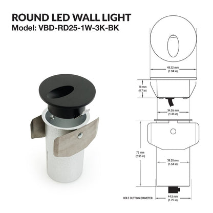 VBD-RD25-1W-3K-BK Round LED Step Light/ Pathway Light, 12V 1W 3000K(Warm White), gekpower