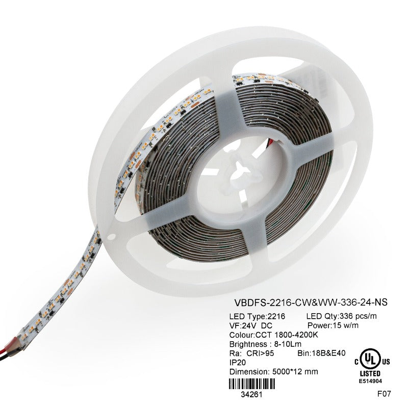 5M(16.4ft) Adjustable color temperature, Dim to Warm LED Strip, 24V 5(w/ft) 815-1018(Lm/ft) 336(LEDs/m) CCT(1.8K-4.2K Adjustable) - GekPower