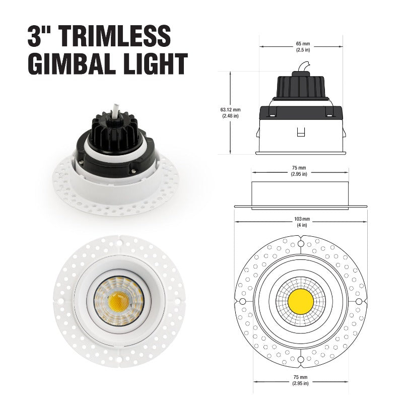 3 inch Round Trimless LED Gimbal Downlight / Ceiling Light LED-3-S8W-L5CCTWH-T, (5CCT) 120V 8W