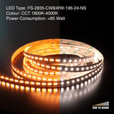 5M(16.4ft) Dim to Warm Hybrid Strip LED Strip 2835, 24V 5.5(w/ft) 196(LEDs/m) CCT(1.8K-4K Adjustable) - GekPower