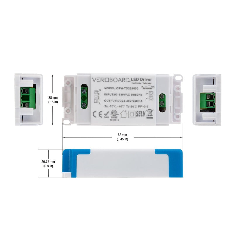 OTM-TD252500-250-12 Constant Current LWED Driver, 250mA 24-48V 12W Dimmable, gekpower