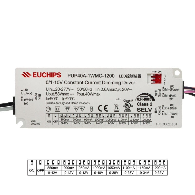 Constant Current Driver PUP40A-1WMC-1200 Selectable, 120VAC-277VAC 850 to 1200mA - GekPower