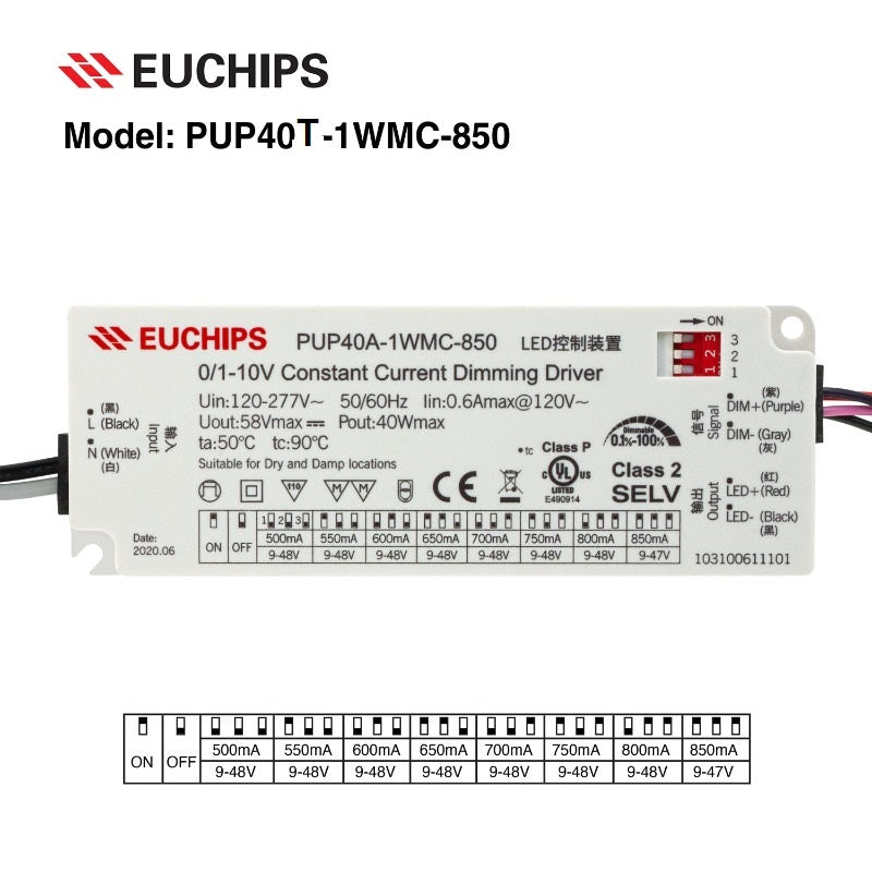 Selectable Constant Current 40W LED Driver 0-10V Dim PUP40A-1WMC-850 , 120-277VAC 500 to 850mA