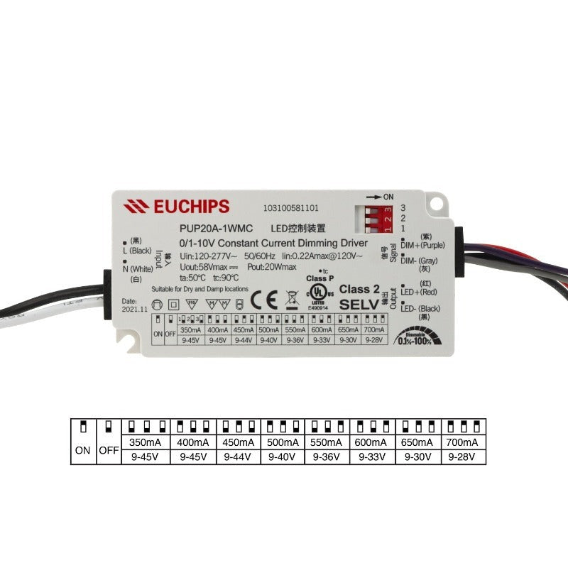 Constant Current Driver PUP20A-1WMC-700 Selectable, 100VAC-240VAC 350 to 700mA - GekPower